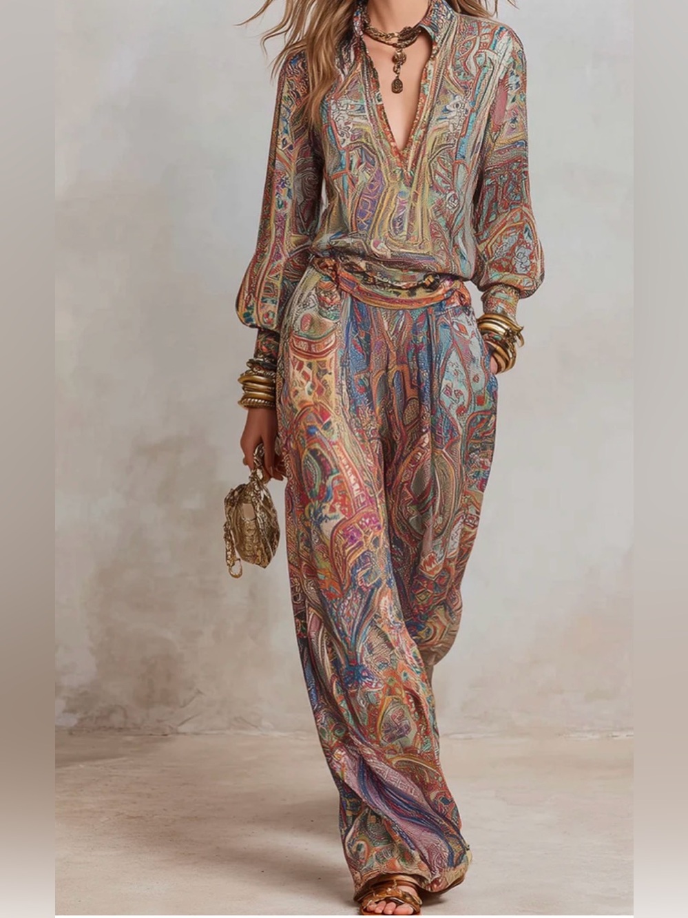Exquisite paisley print wide leg pantsuit